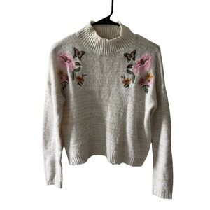 Cloudchaser Women Cream Beige Embroidered Floral Butterfly Mock Neck Sweater S